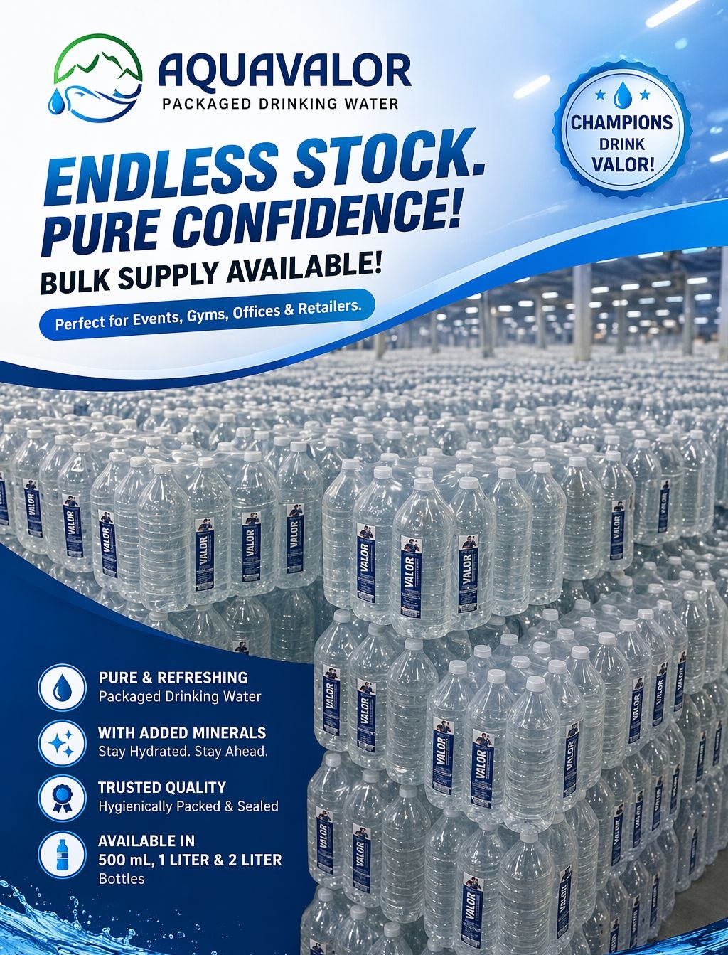 Clear blue water representing purified packaged drinking water
